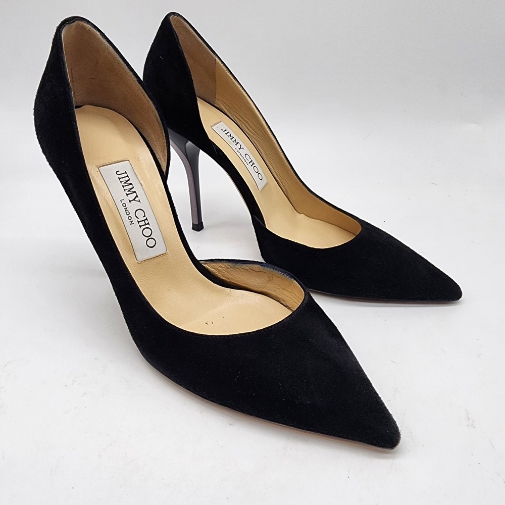 Jimmy Choo Half D'Orsay Pumps EU 37 US 7 Black Suede Point Toe Stiletto Heels